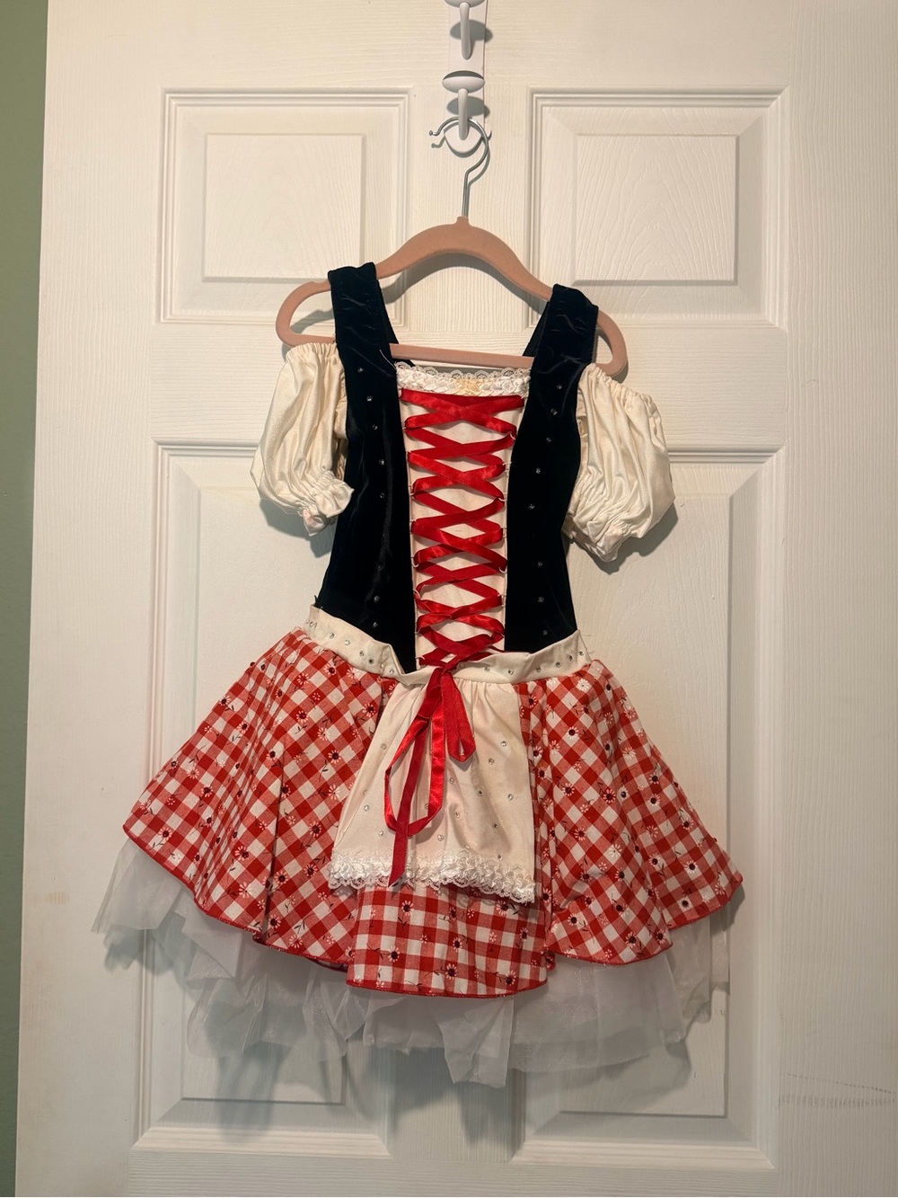 Girls Red Gingham Peasant Costume Dress with Black Bodice